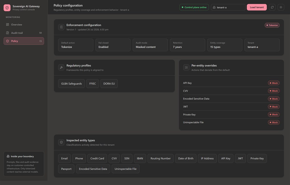 Policy configuration view in dark theme showing enforcement configuration, regulatory profiles, per-entity overrides, and inspected entity types.